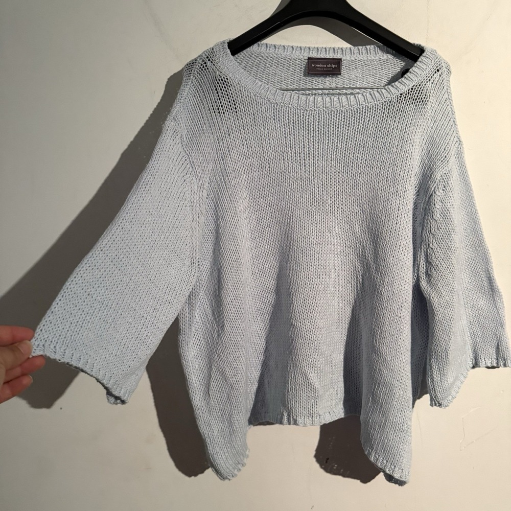 Wooden Ships Dolman Crew Sweater Size M/L Boxy Open Knit Blue Relaxed